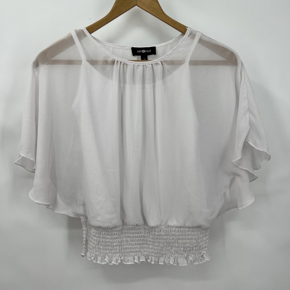 White Smocked‎ Top Sheer Flutter Sleeves Coquette Fairy Boho Angelcore Jr14 WSm